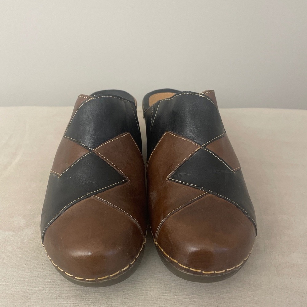 Spring Step Women's Leather Patchwork Clogs Slip On Mules Brown Black Size 39